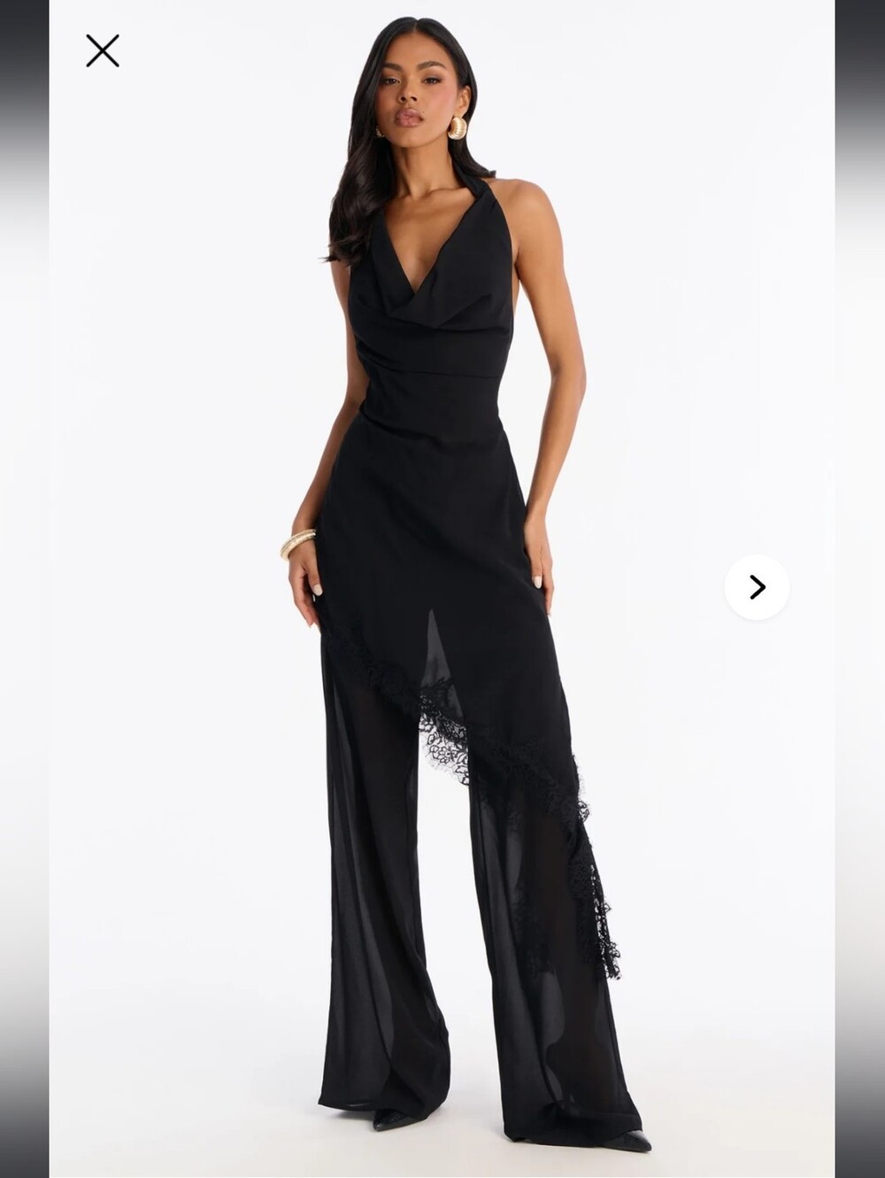 Fashion Nova Black Lace-Trim Wide Leg Halter Jumpsuit